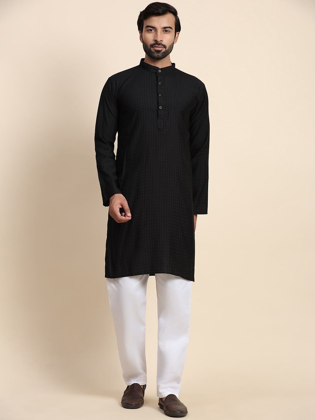 

Rawayi Ethnic Motifs Woven Design Band Collar Pure Cotton Straight Kurta, Black