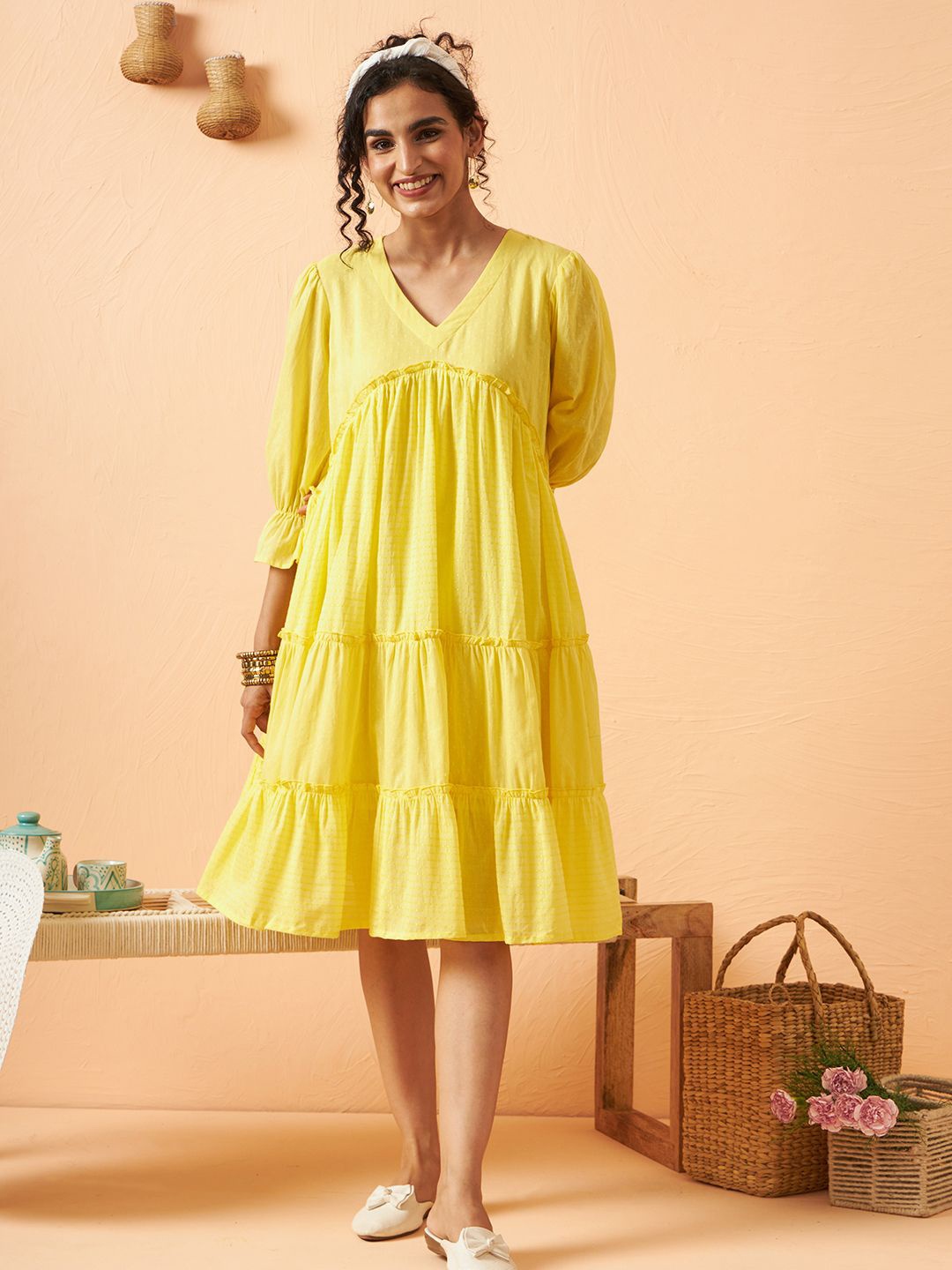 

ARAVALII Puff Sleeve Tiered Cotton A-Line Dress, Yellow