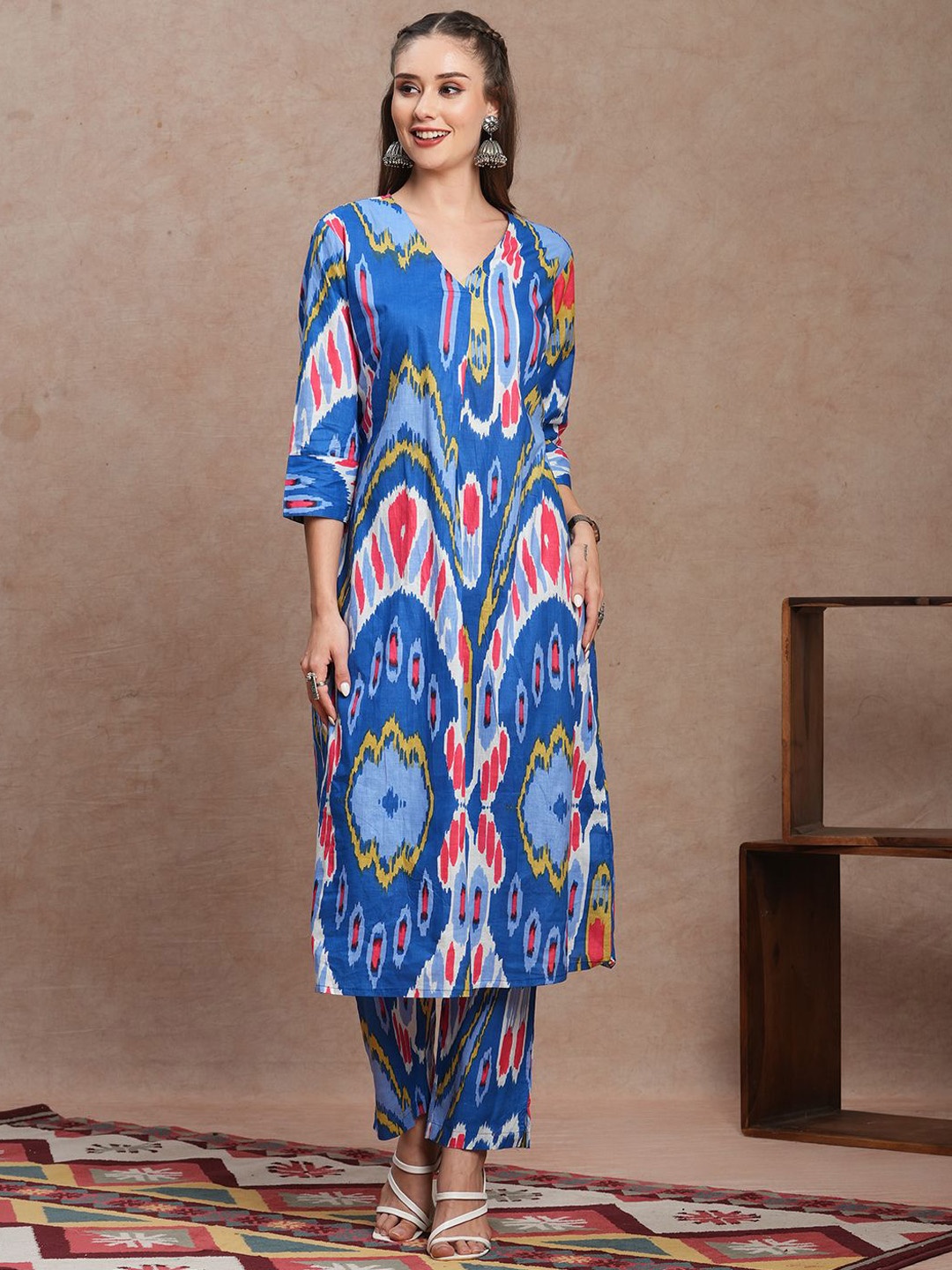 

FASHOR Printed Pure Cotton Tunic With Trousers, Blue