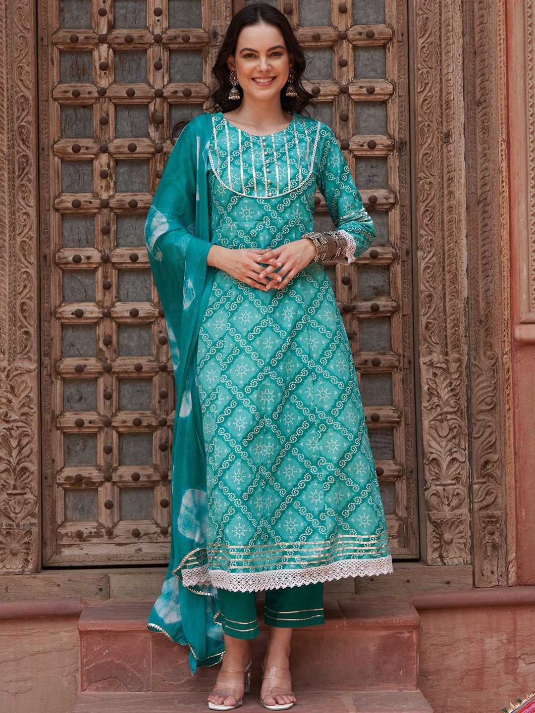 

BANDIA Bandhani Printed Round Neck Gotta Patti Pure Cotton Kurta with Trouser & Dupatta, Turquoise blue