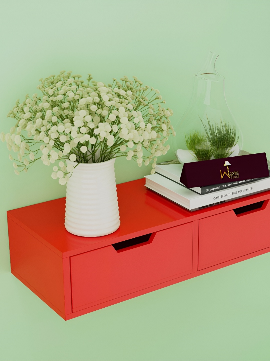 

Wooden Twist Red Wooden Wall Shelf with Drawer