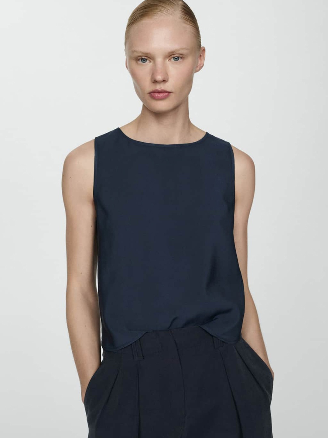 

MANGO Round Neck Regular Top, Navy blue