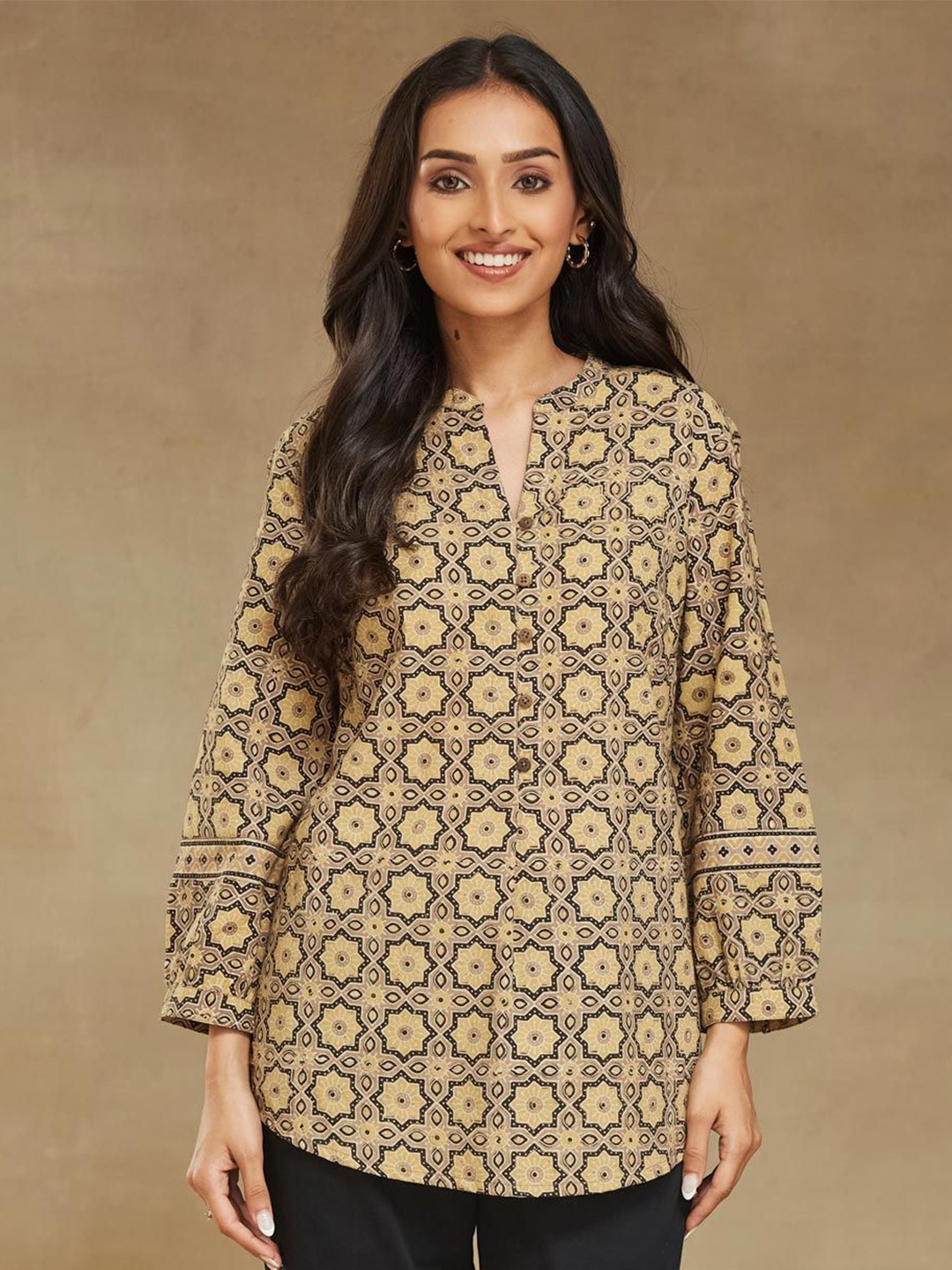 

Fabindia Mandarin Collar Printed Tunic, Yellow