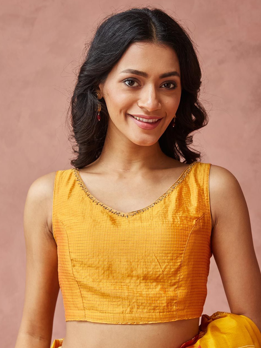 

Fabindia Embroidered V Neck Saree Blouse, Yellow