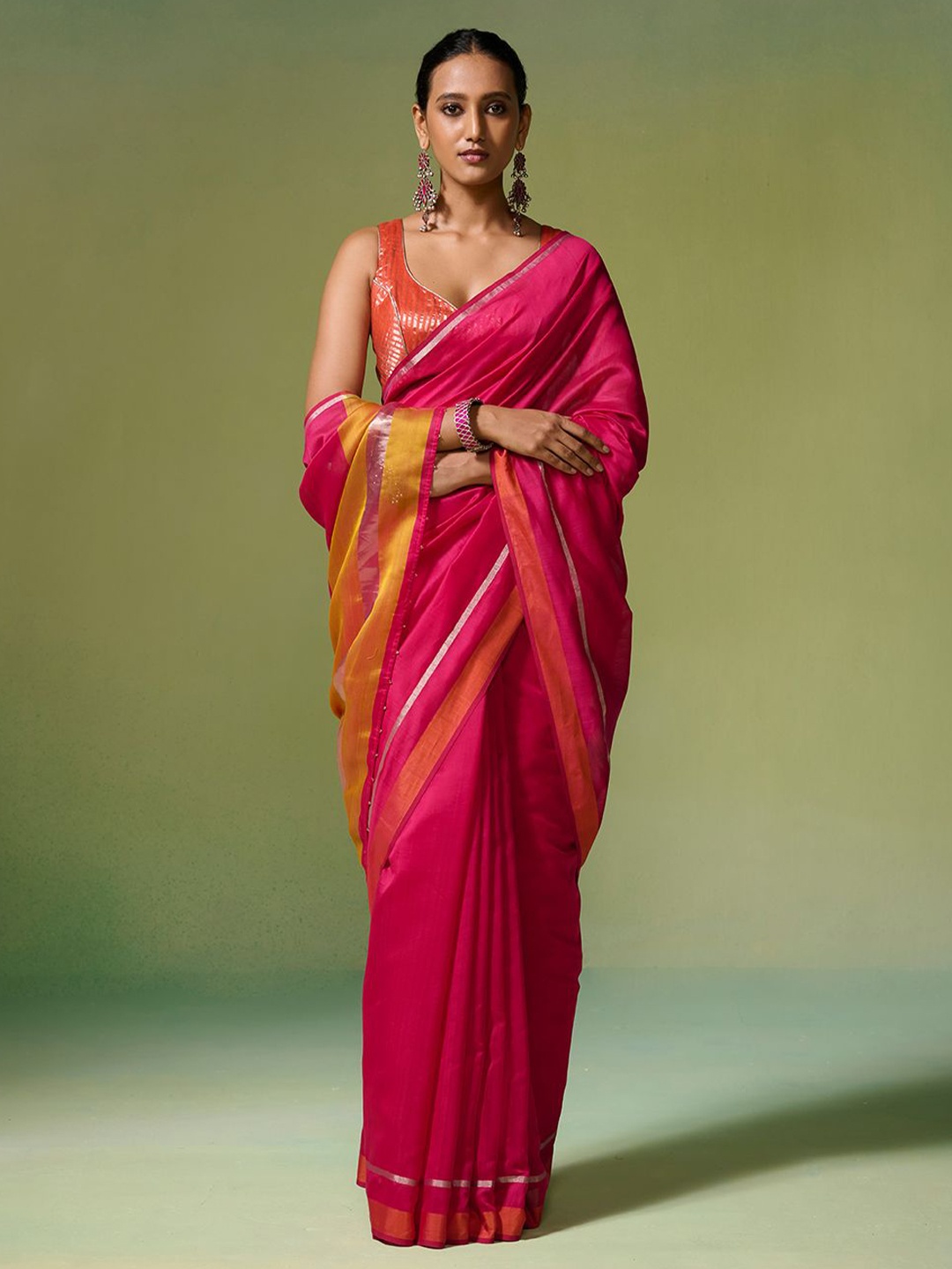 

Dressfolk Chanderi Saree with Blouse Piece, Pink