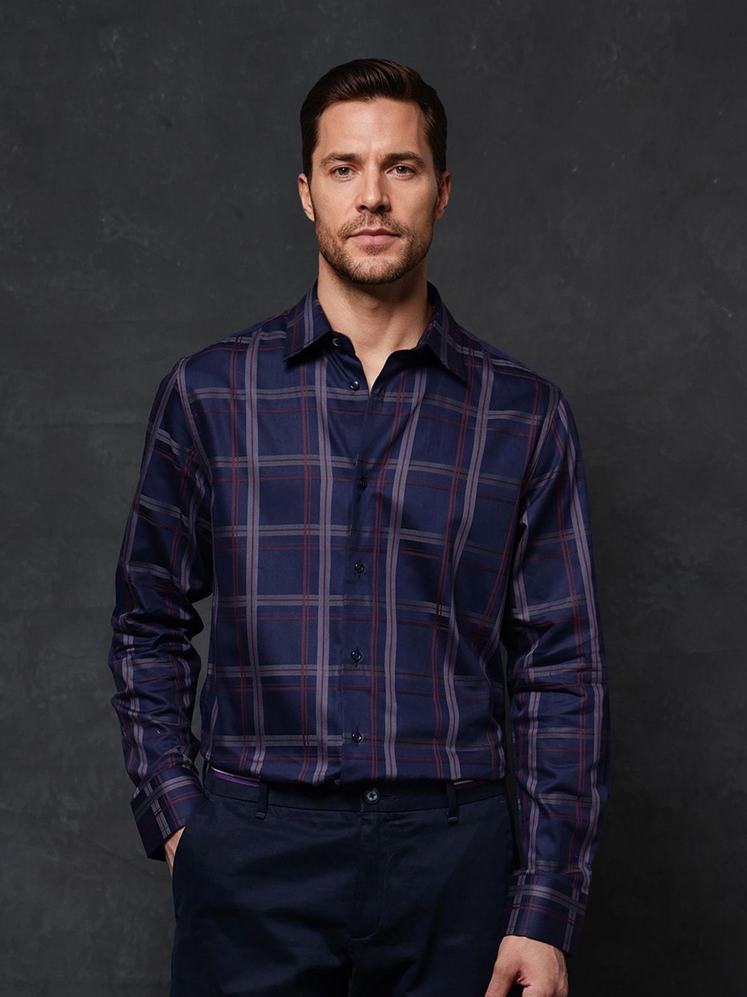 

RARE RABBIT Men Comfort Spread Collar Tartan Checked Cotton Casual Shirt, Navy blue