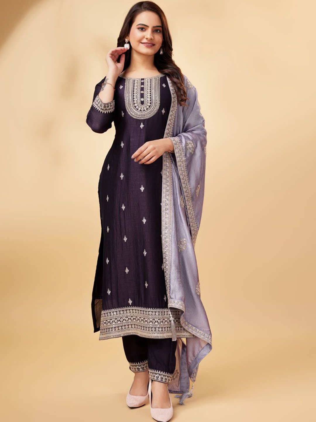 

ASISA Embroidered Straight Kurta With Trouser & Dupatta, Purple