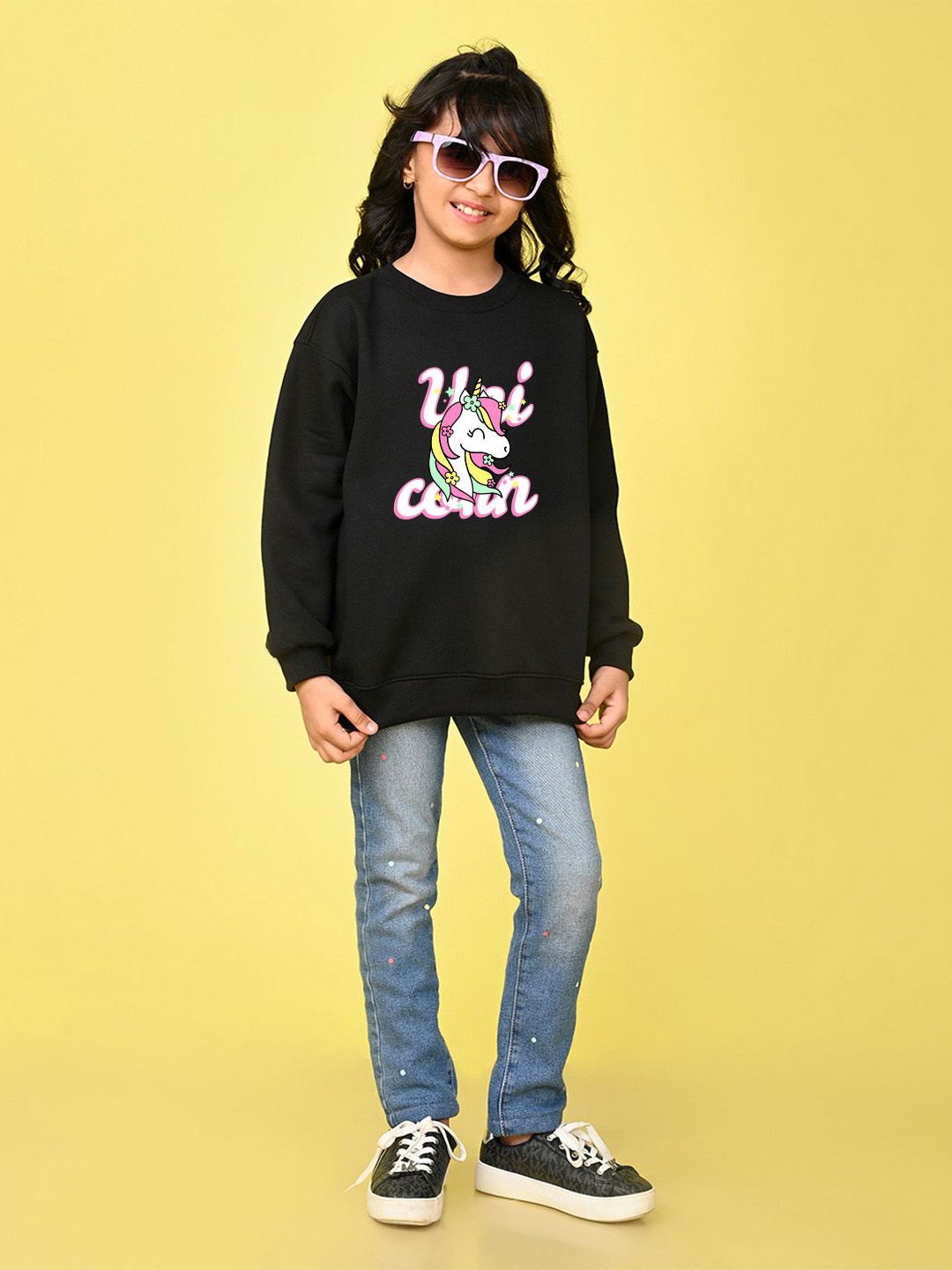 

NUSYL Girls Graphic Printed Oversized Sweatshirt, Black