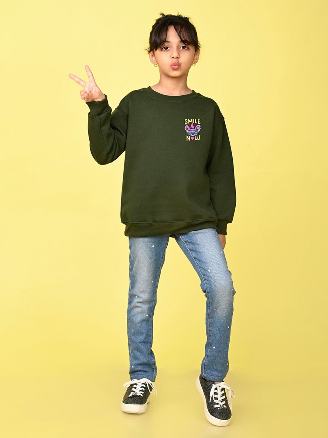 

NUSYL Girls Typography Printed Oversized Sweatshirt, Green
