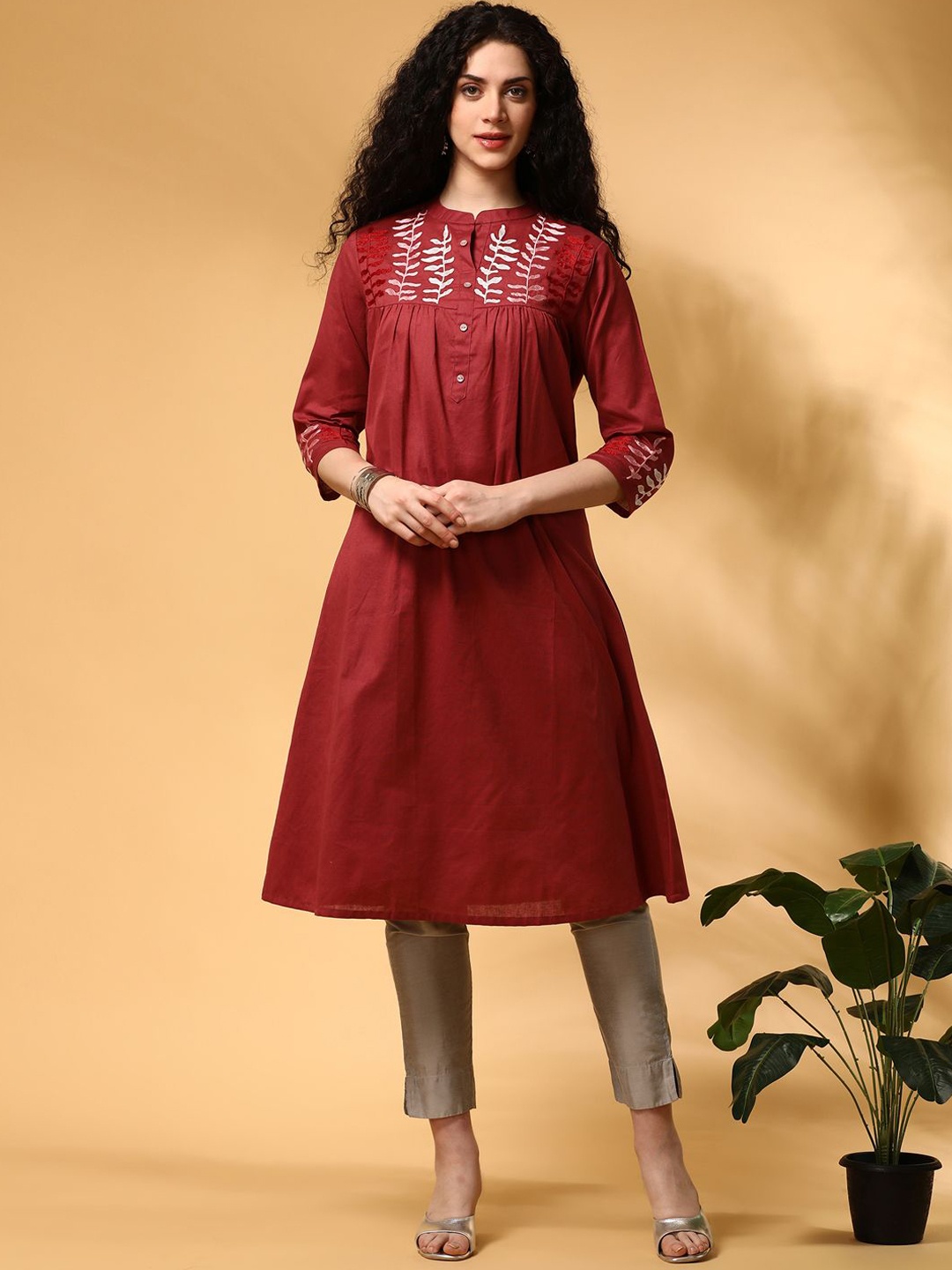 

Anouk Floral Yoke Design Mandarin Collar Pure Cotton A-Line Kurta, Maroon