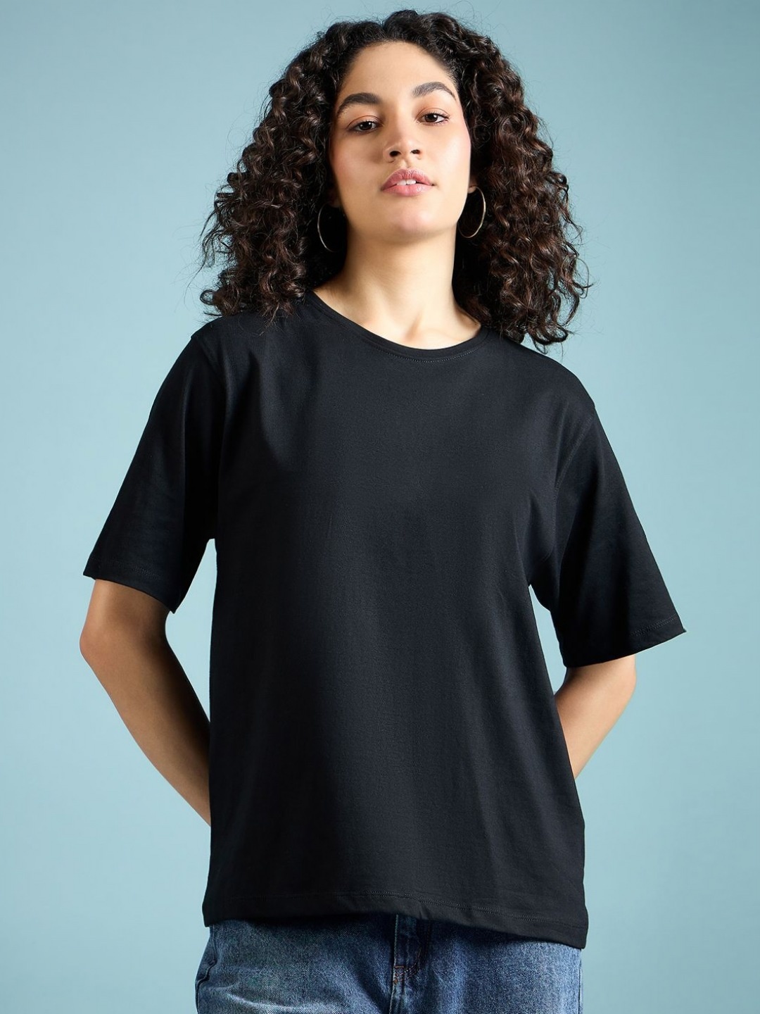 

DressBerry Women Solid Round Neck Cotton Oversized T-Shirt, Black