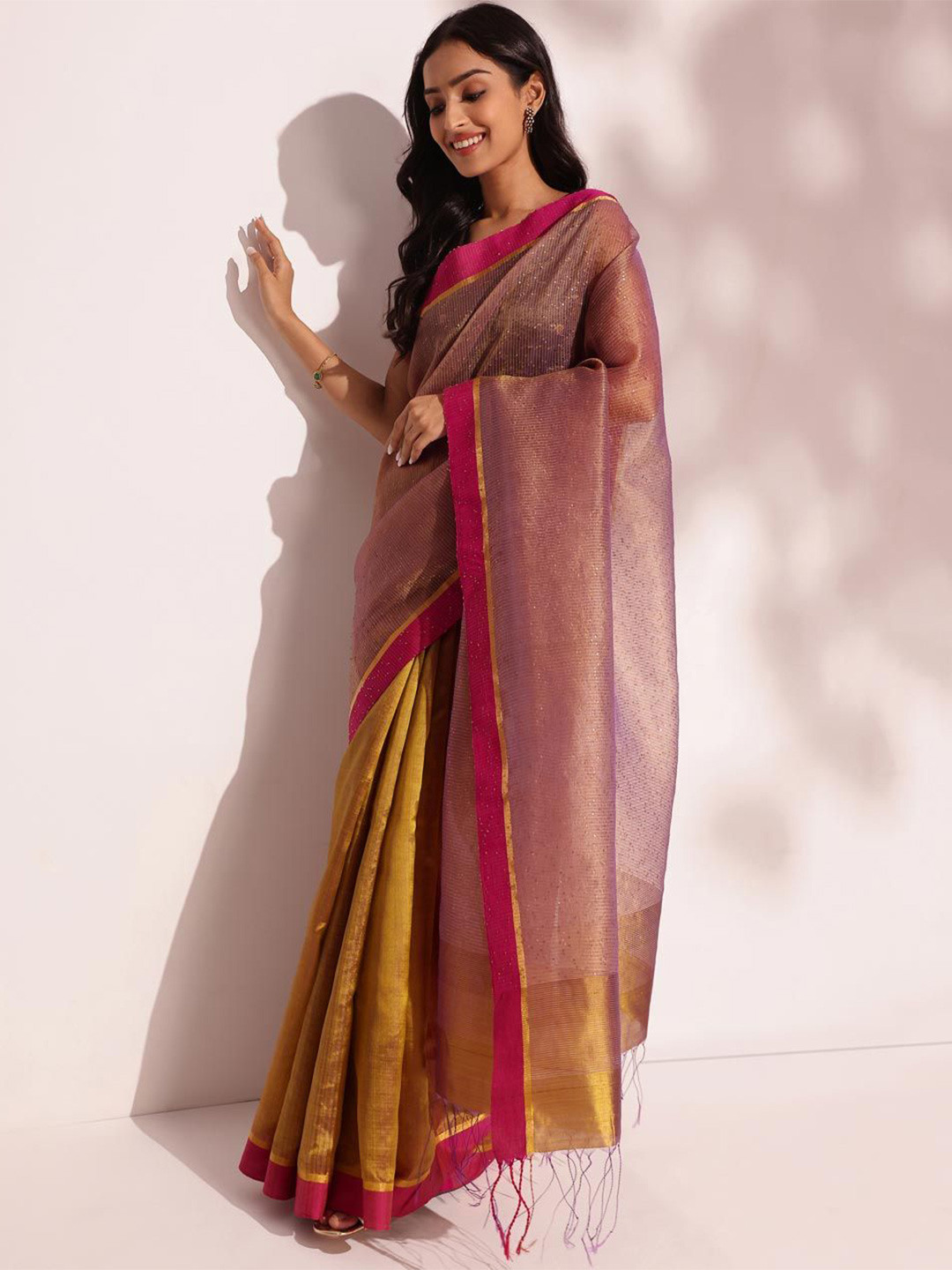 

Fabindia Striped Sequinned Silk Blend Saree, Yellow