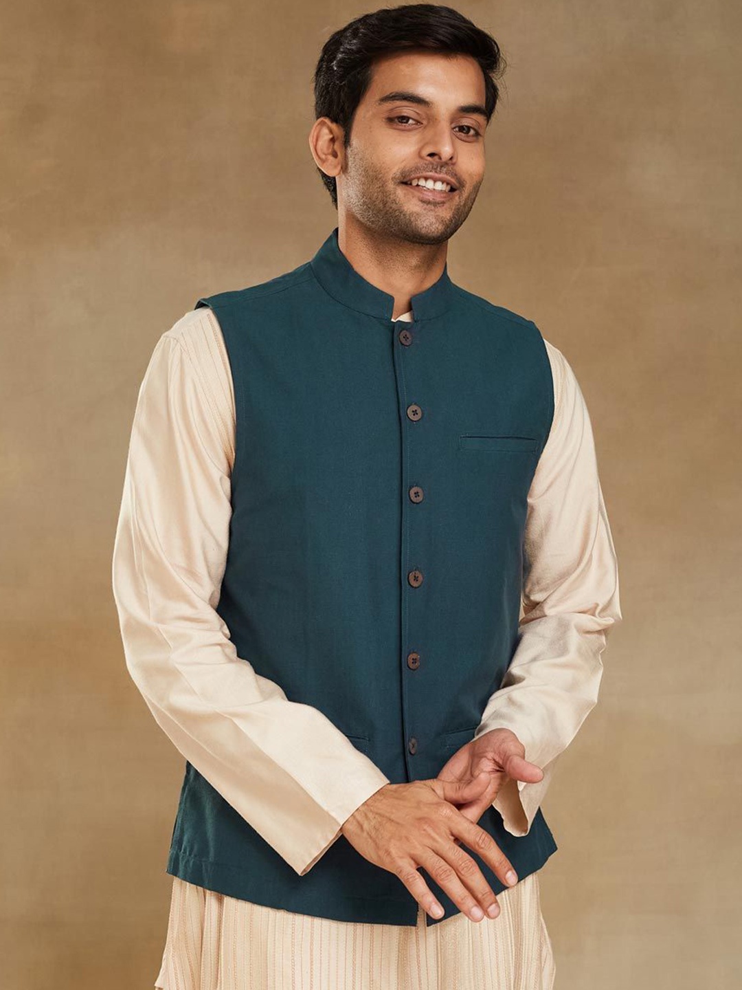 

Fabindia Woven Nehru Jacket, Teal