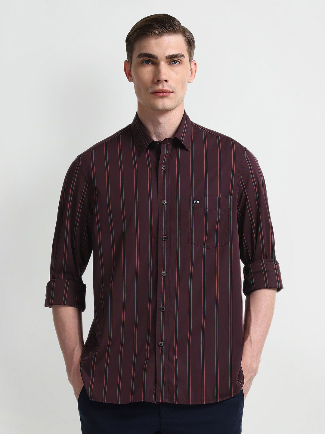 

Arrow Sport Men Comfort Cutaway Collar Striped Cotton Slim Fit Casual Shirt, Purple
