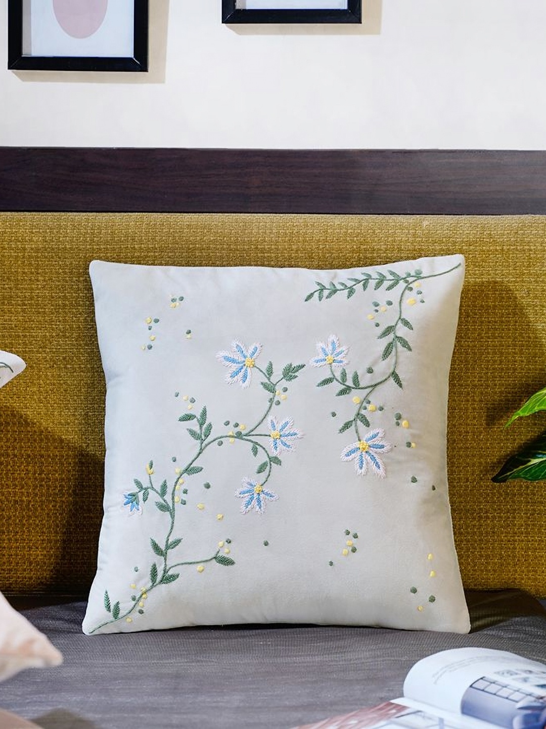

Mid July Home Off White & Green Floral Embroidered Velvet Square Cushion Cover