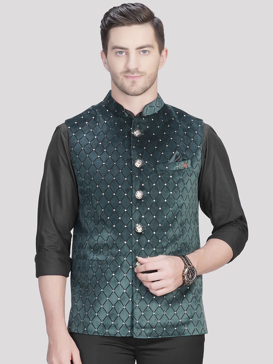 

LA'SCOOT Checked Embroidered Mandarin Collar Nehru Jacket, Green
