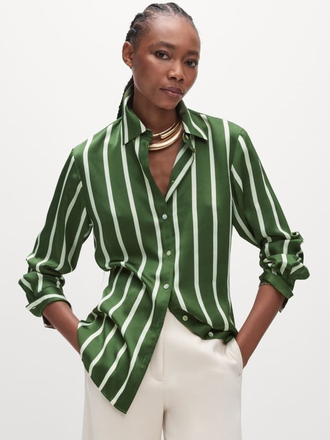 

Marks & Spencer Women Spread Collar Striped Casual Shirt, Green