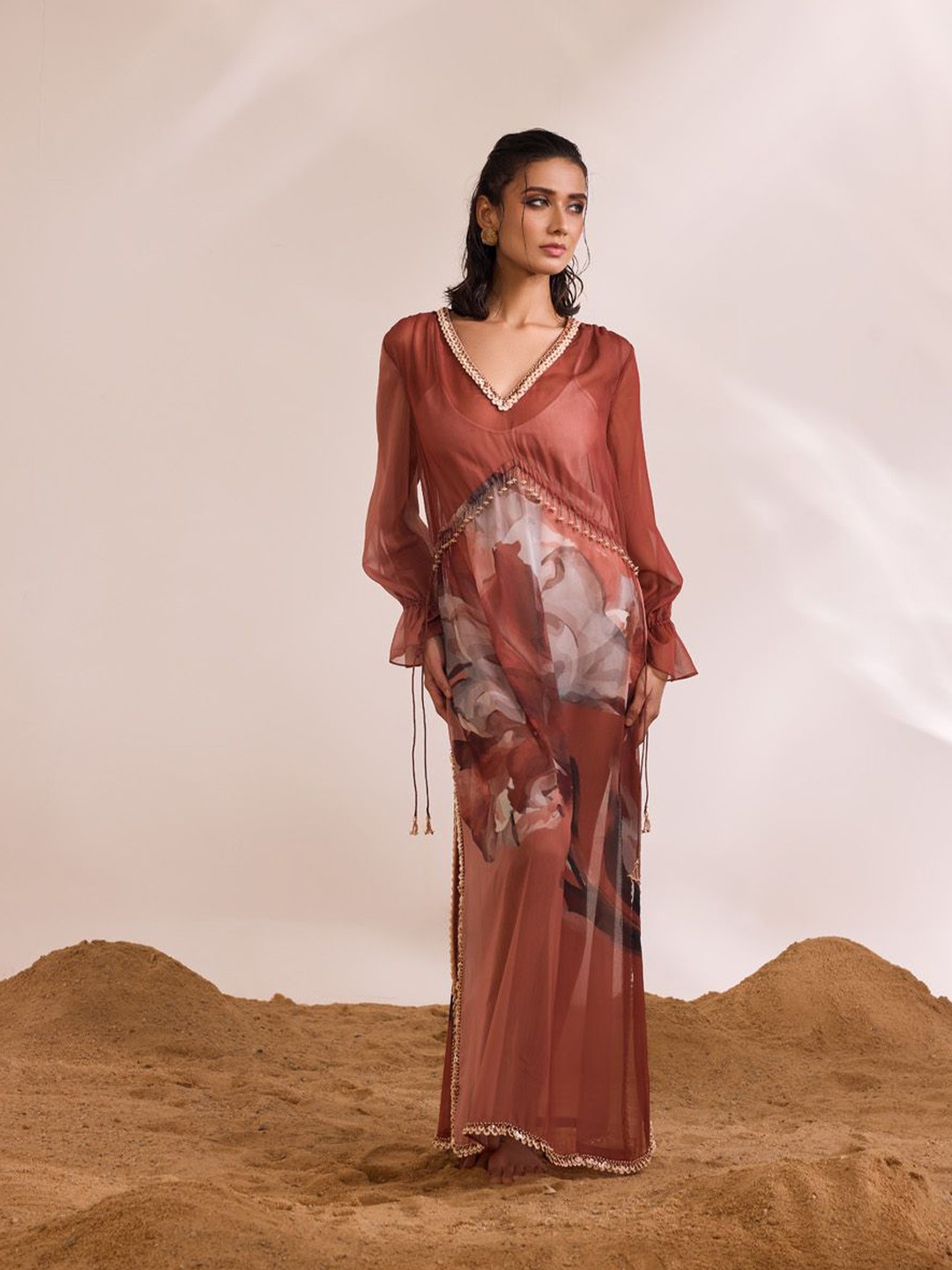 

DIVYA AGGARWAL Printed Bell Sleeves Maxi Dress, Rust