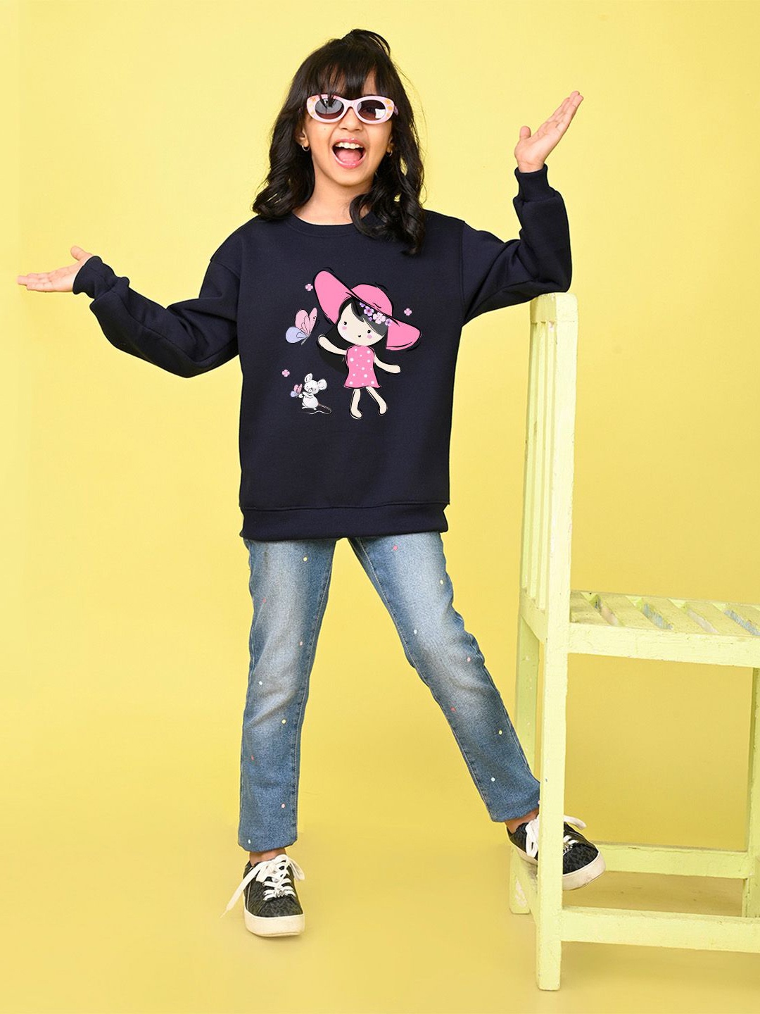 

NUSYL Girls Graphic Printed Oversized Sweatshirt, Navy blue