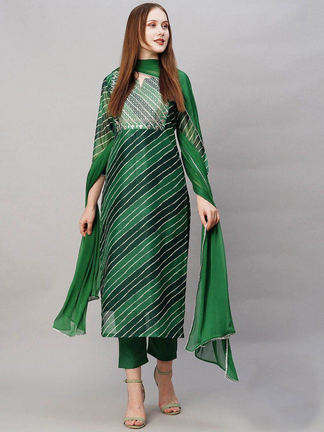 

GoSriKi Leheriya Printed Notch Neck Thread Work Straight Kurta with Trousers & Dupatta, Green