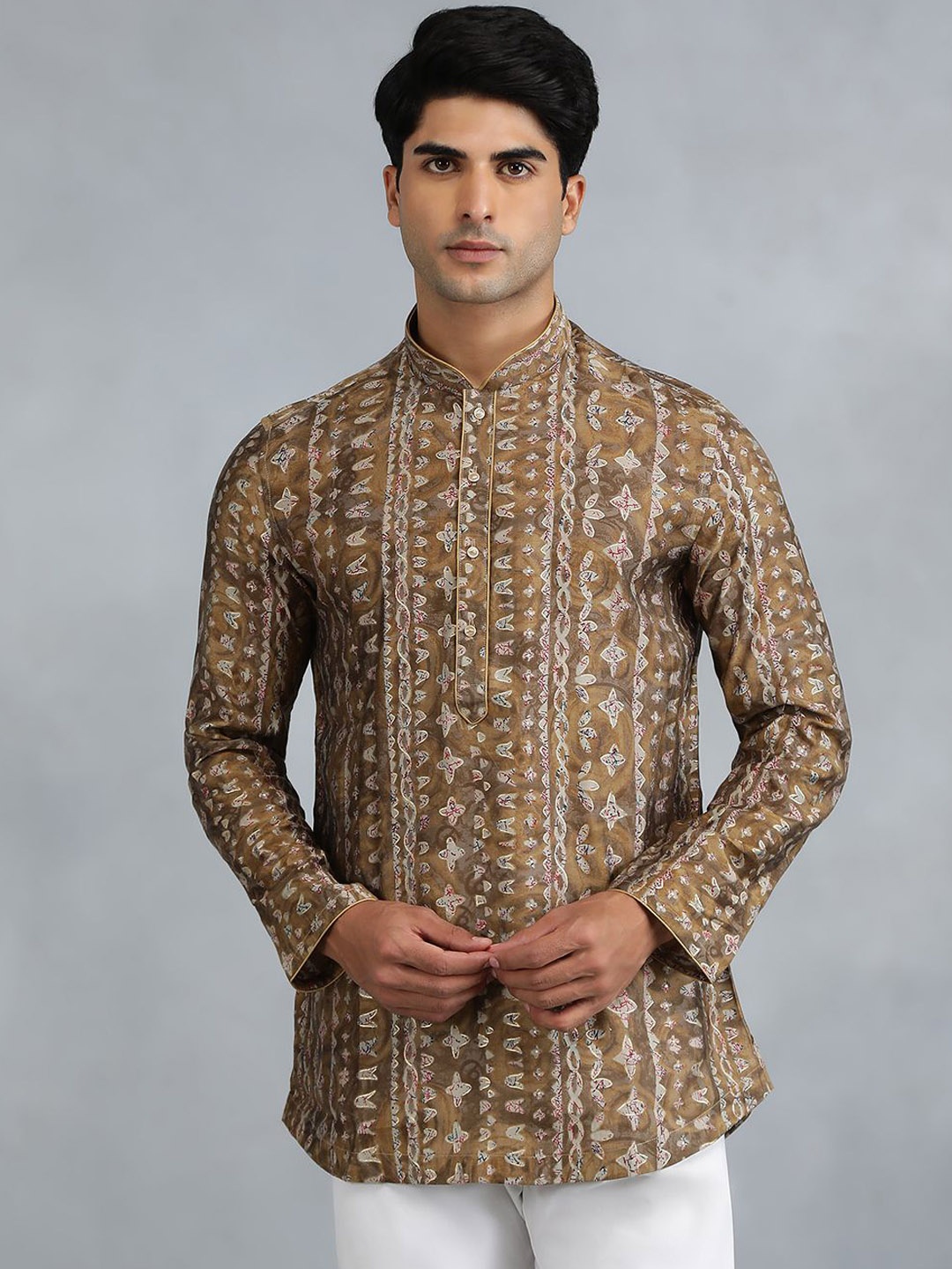 

THE KURTA COMPANY Ethnic Motifs Printed Mandarin Collar Straight Kurta, Brown