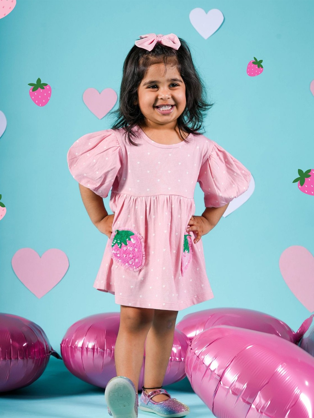 

TIDY SLEEP Girls Polka Dot Puff Sleeve A-Line Sequinned Dress, Pink