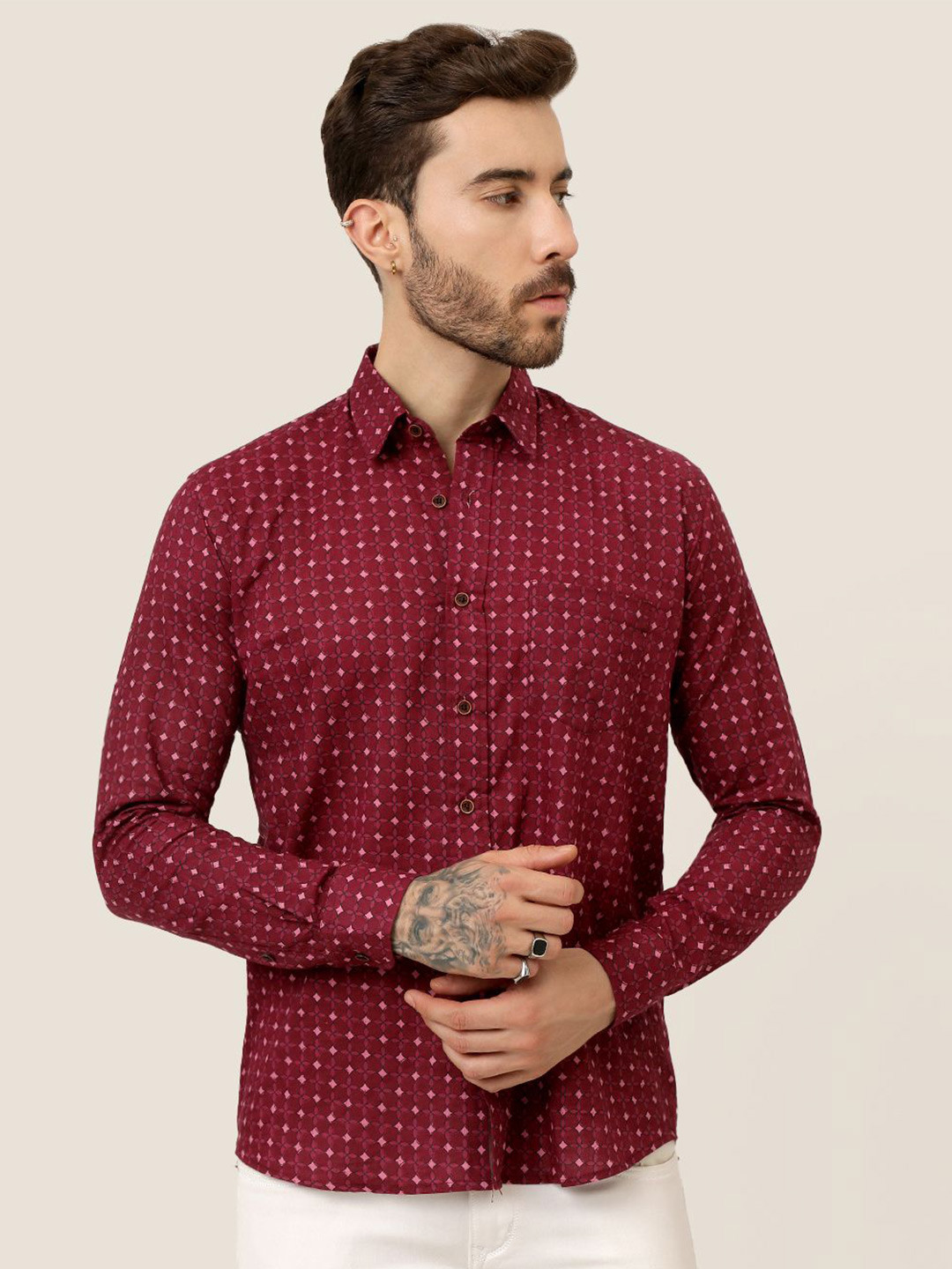 

SPS Men Relaxed Spread Collar Micro Ditsy Printed Cotton Casual Shirt, Pink