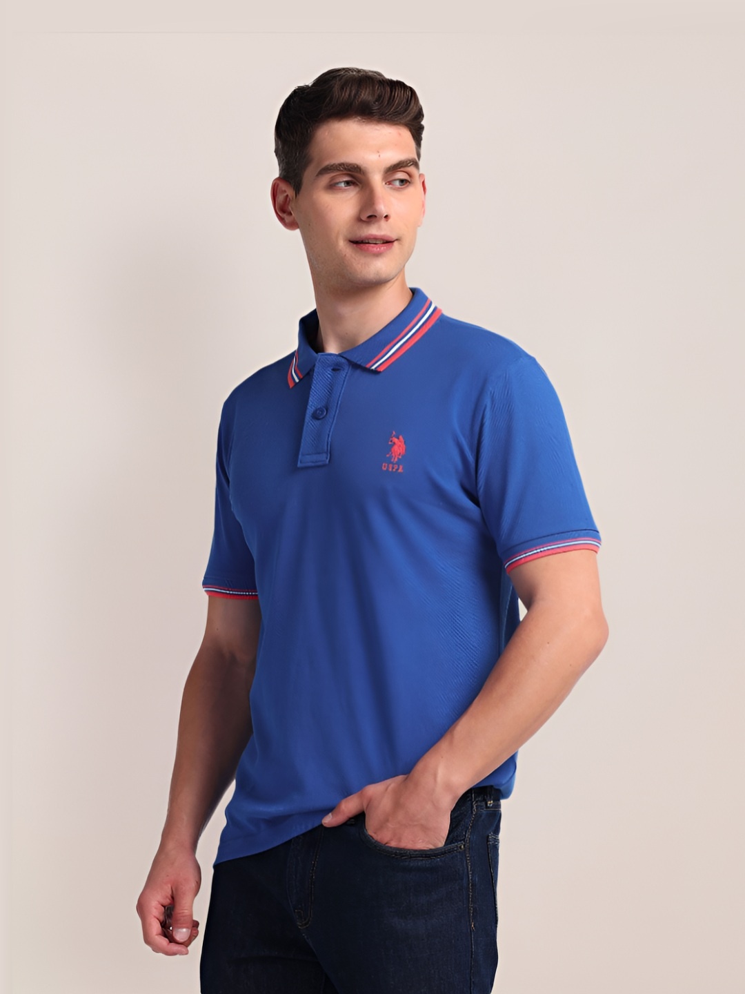

U.S. Polo Assn. Men Solid Polo Collar Cotton Slim Fit T-Shirt, Blue