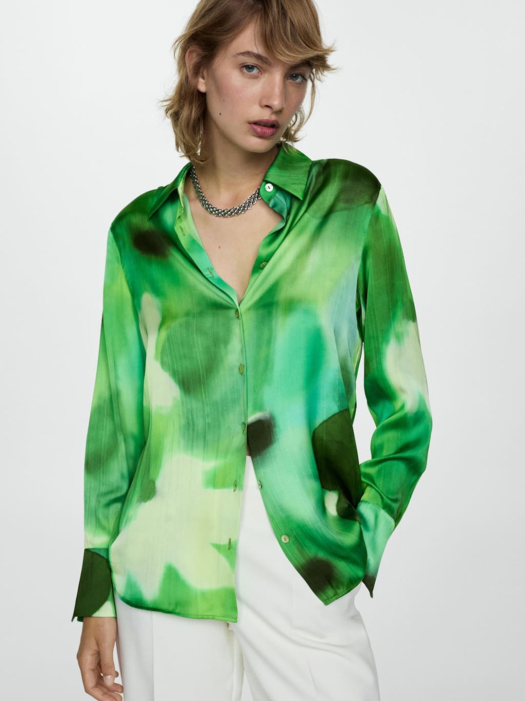 

MANGO Opaque Printed Satin Finish Shirt, Green