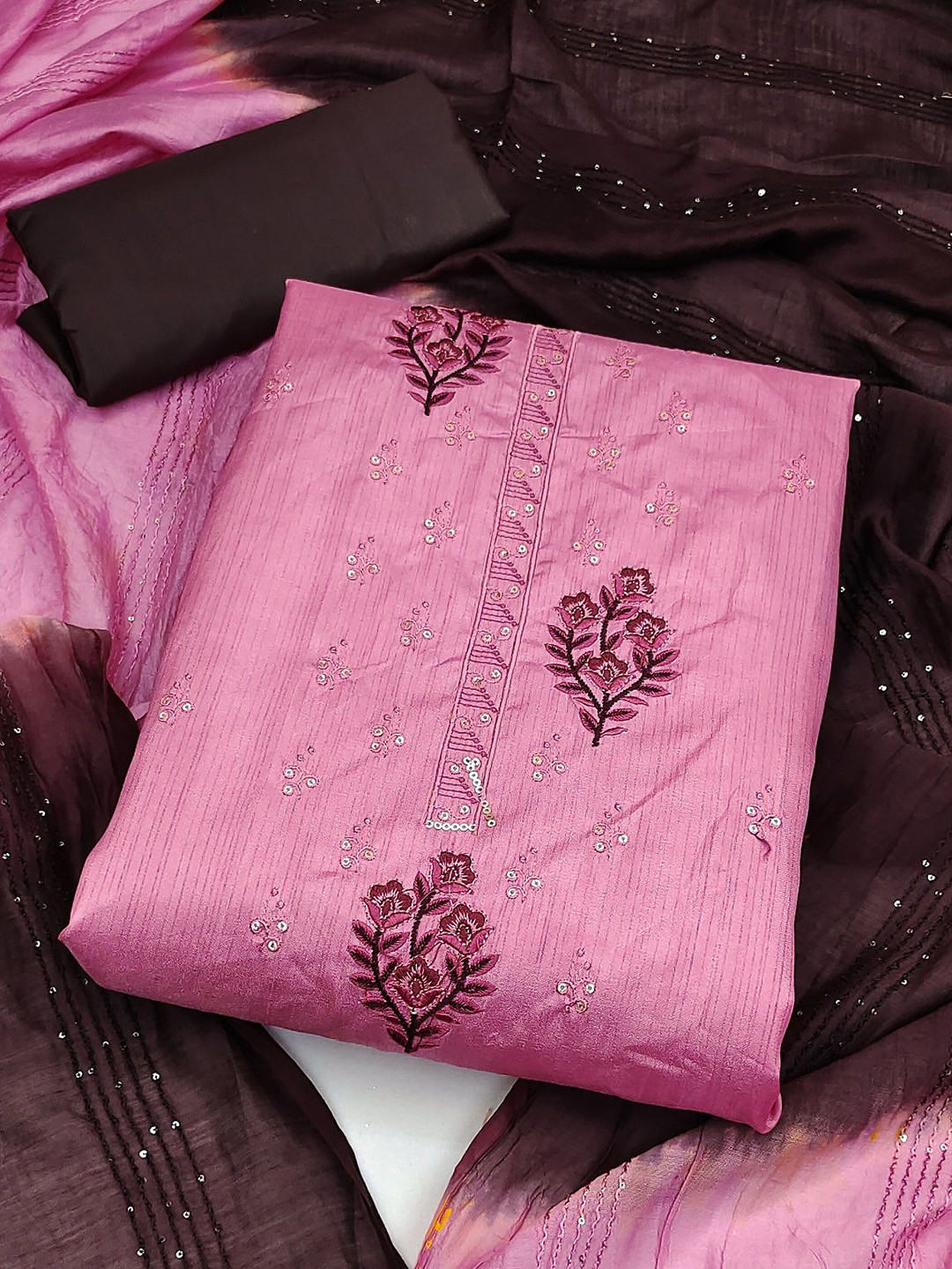 

LADY SHOPI Floral Embroidered Sequinned Unstitched Dress Material, Pink