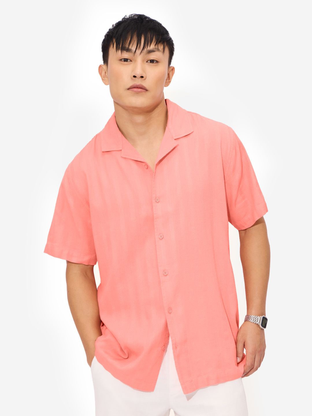 

The Souled Store Men Cuban Collar Solid Casual Shirt, Peach