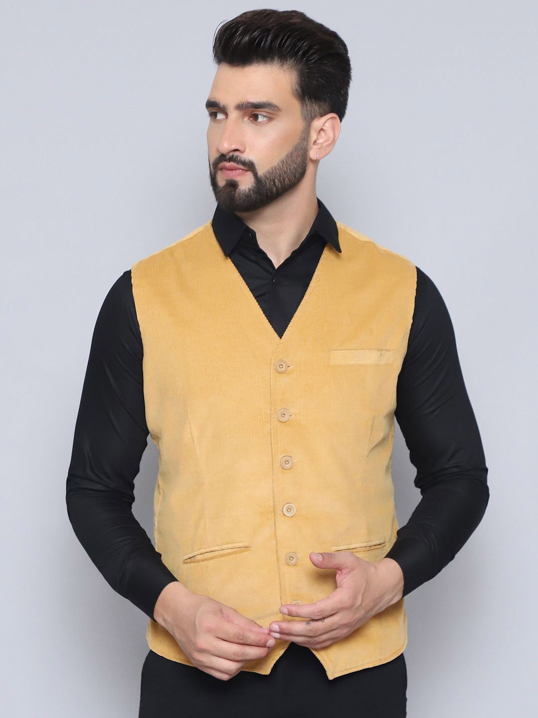 

EVEN LEISURE APPARELS Woven Design V-Neck Waistcoat, Yellow