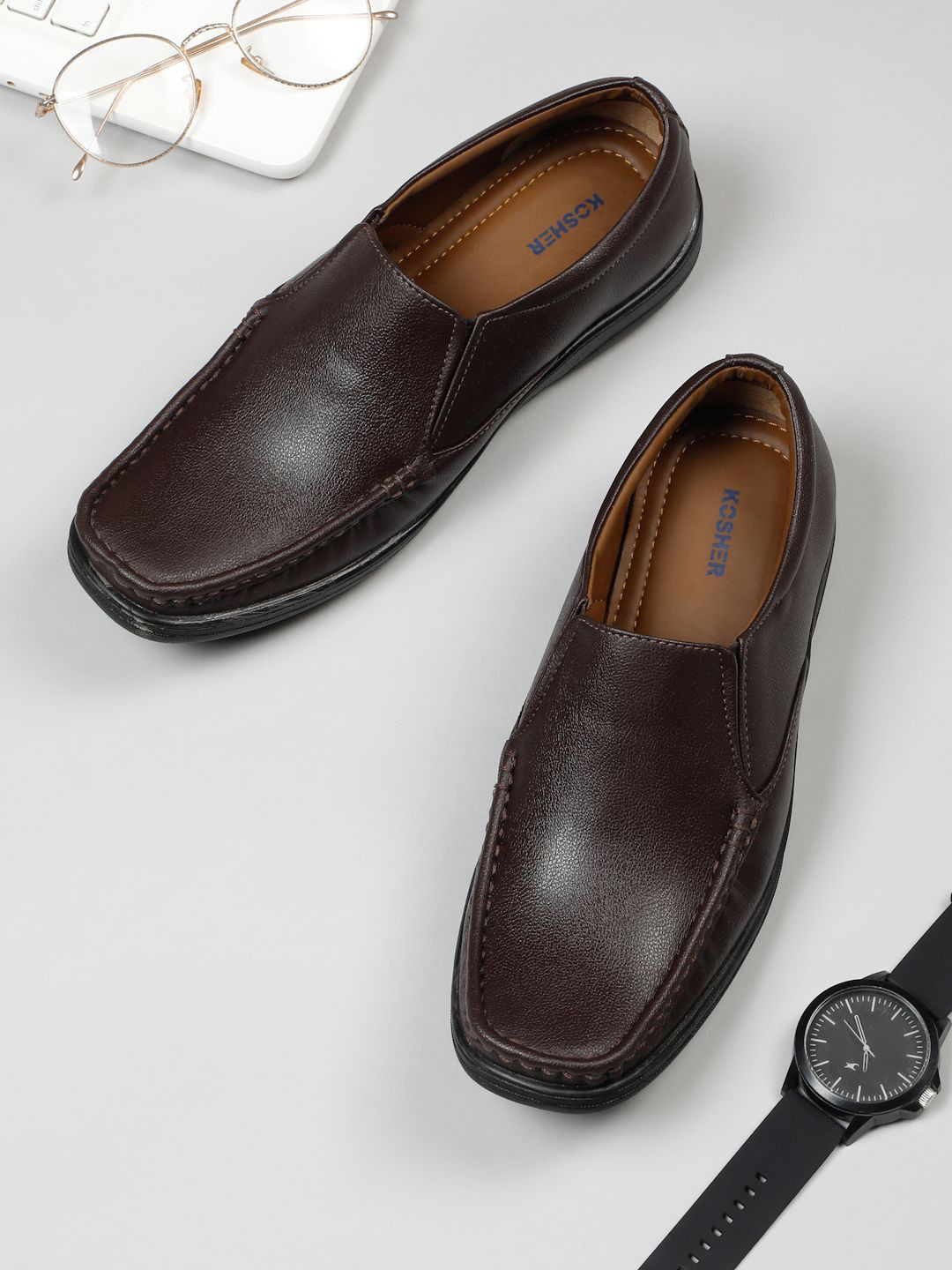 

Kosher Men Square Toe Formal Slip-Ons, Brown