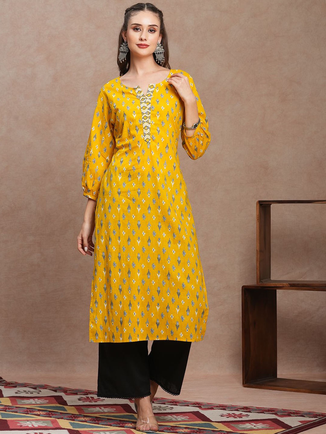 

FASHOR Ethnic Motifs Printed Straight Kurta, Yellow