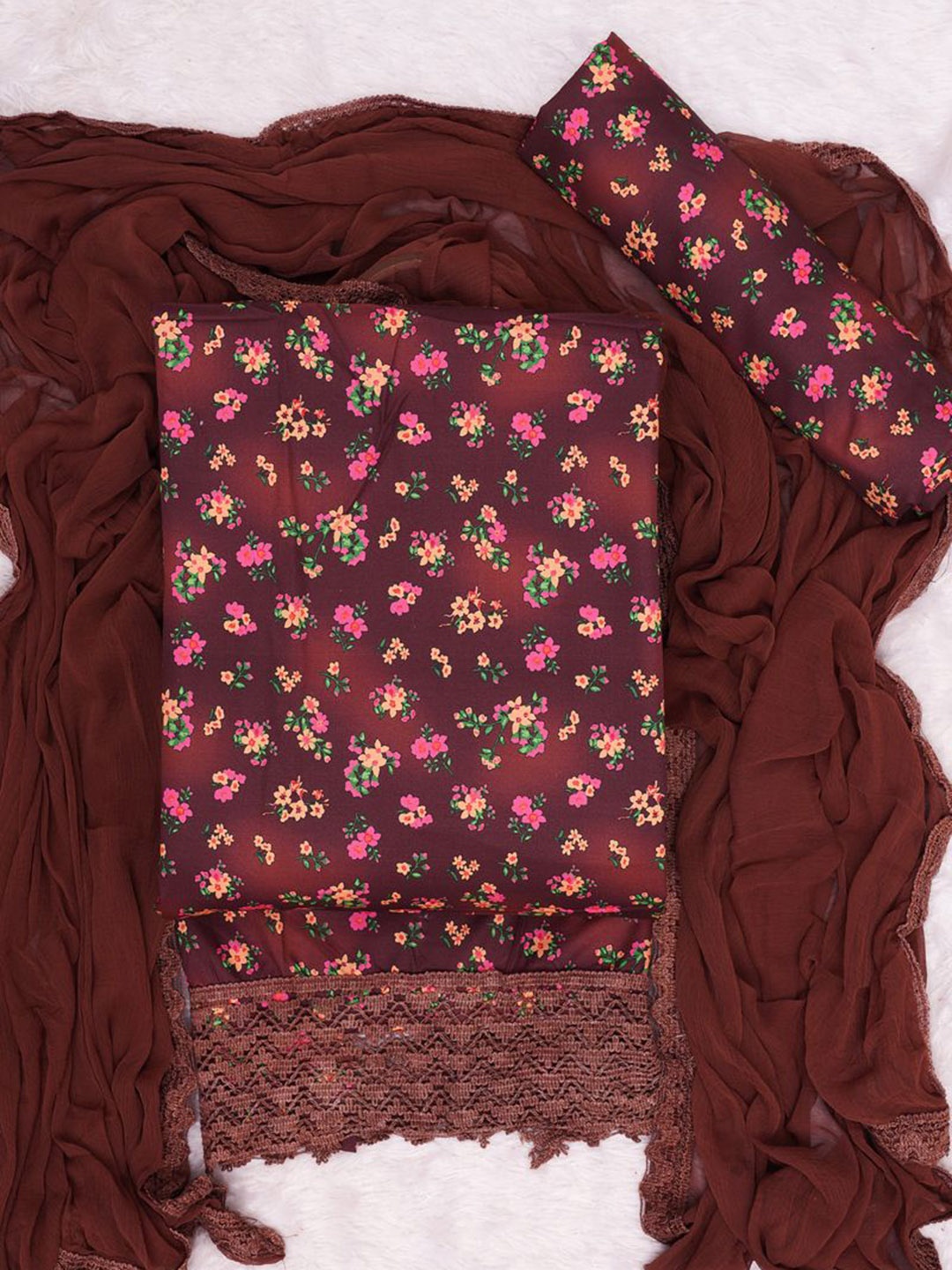 

ASISA Fiona 246 Floral Printed Cotton Silk Unstitched Dress Material, Brown