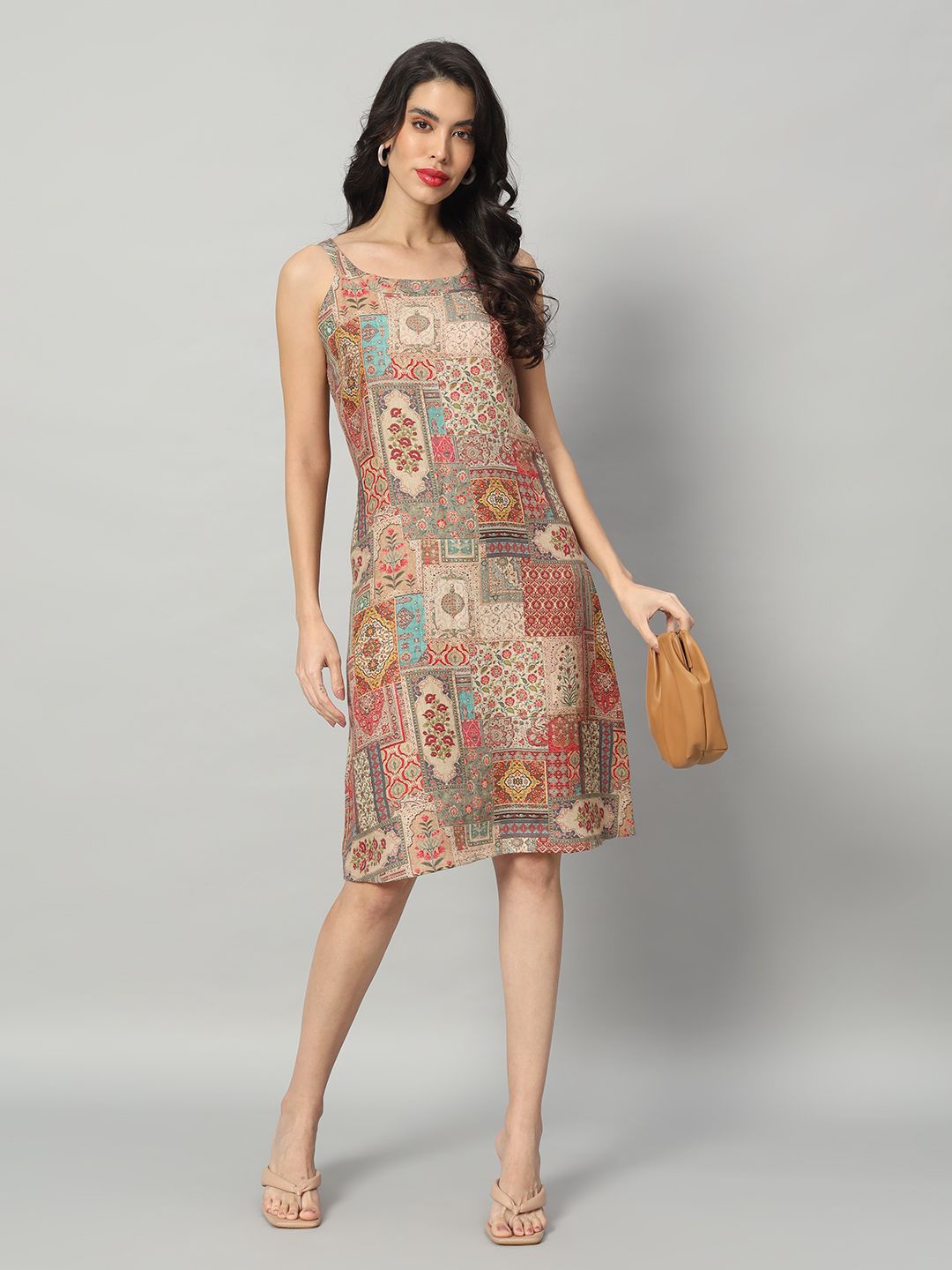 

BRIJAL LAD Ethnic Motifs Printed Linen A-Line Dress, Beige
