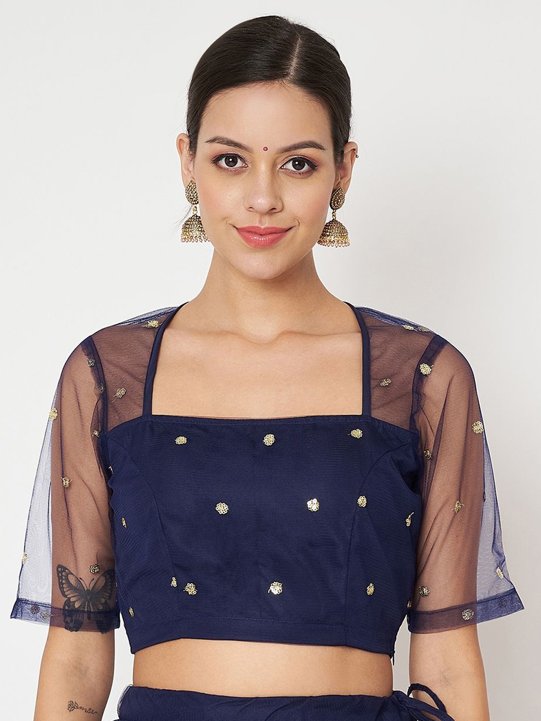 

studio rasa Embroidered Short Sleeve Saree Blouse, Navy blue