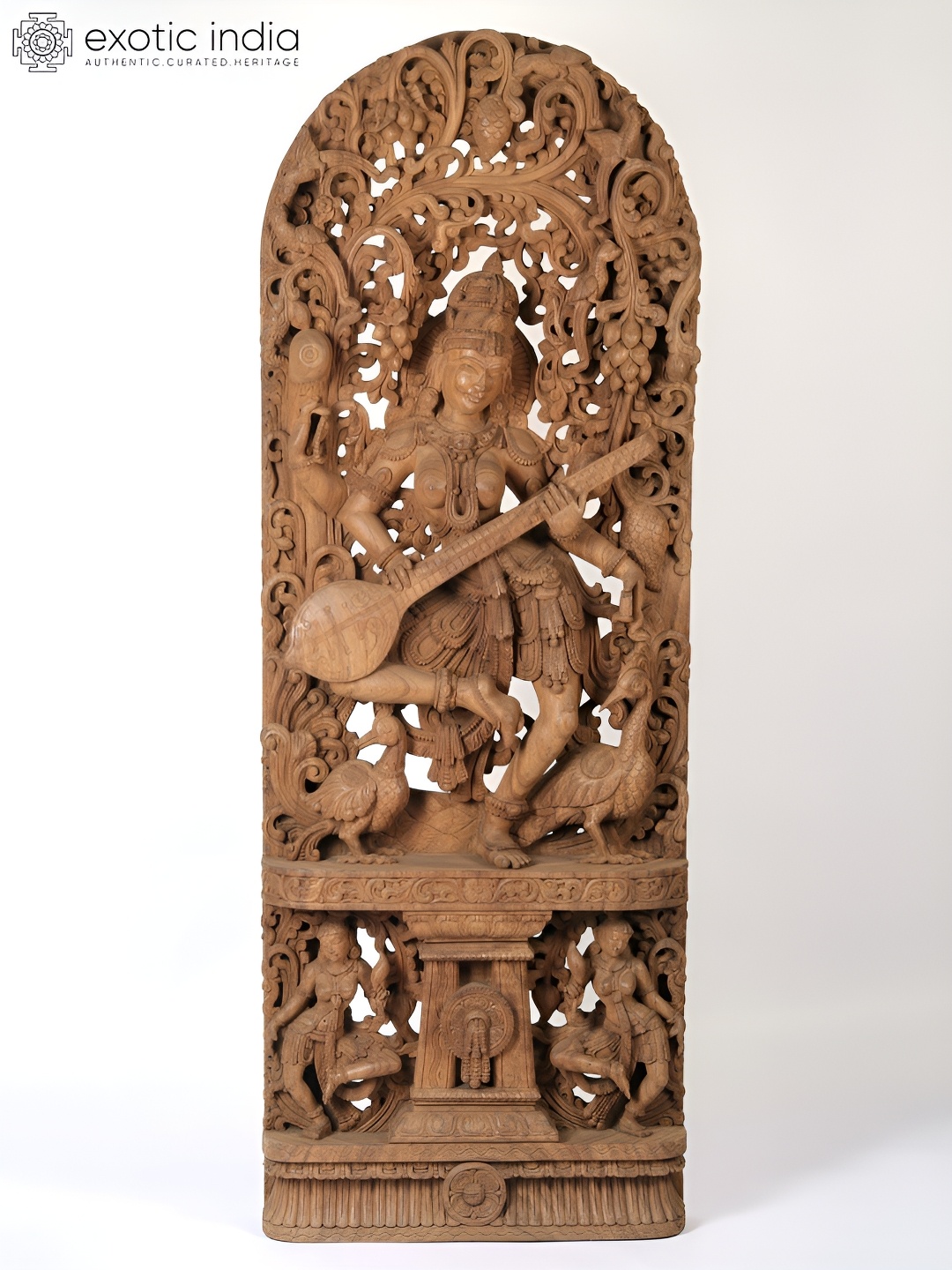 

Exotic India Brown Goddess Saraswati Wooden Religious Idol Showpiece