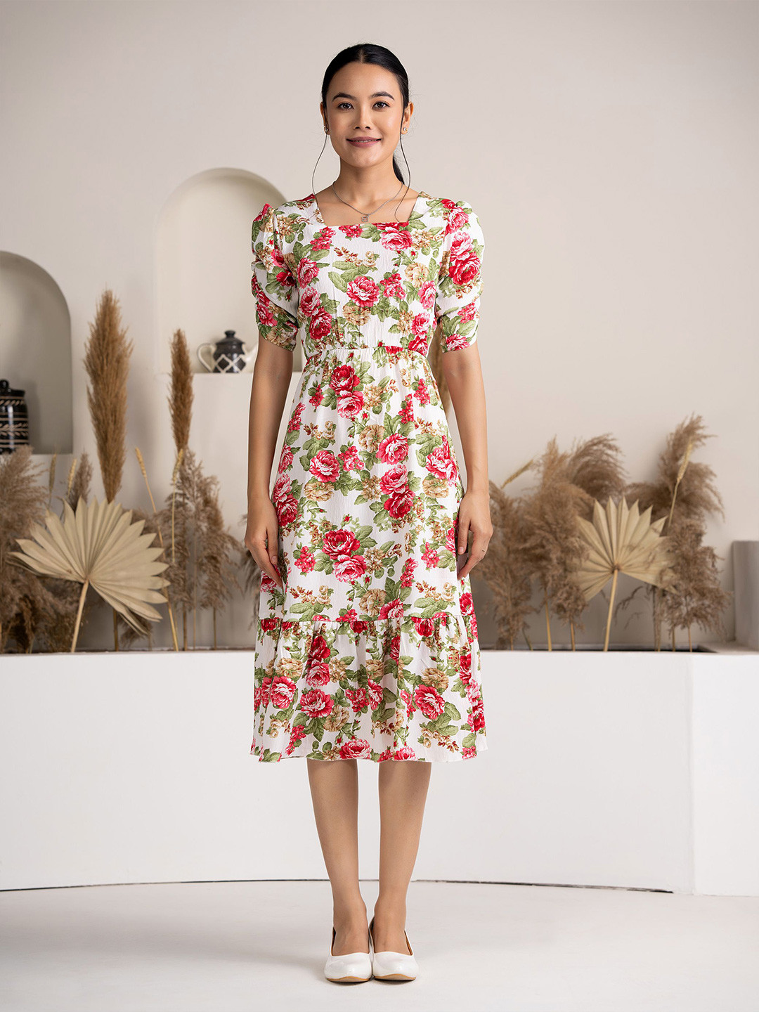 

DressBerry Puff Sleeve Fit & Flare Floral Dress, White
