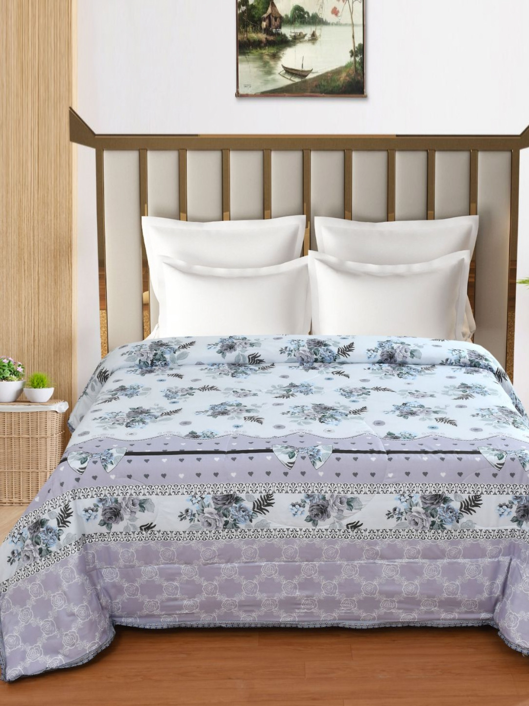 

Florida Henley White & Blue Floral 95 GSM Reversible AC Double Bed Comforter