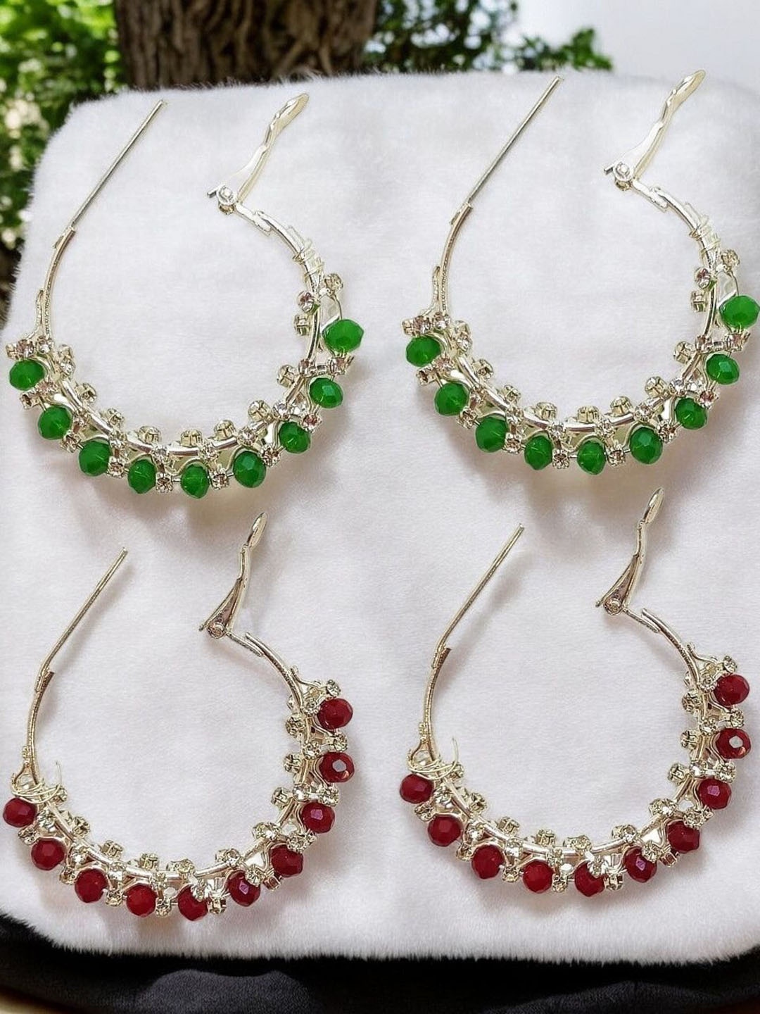 

9blings Set of 2 Silver Plated Artificial Beaded & Stone Studded Hoop Earrings