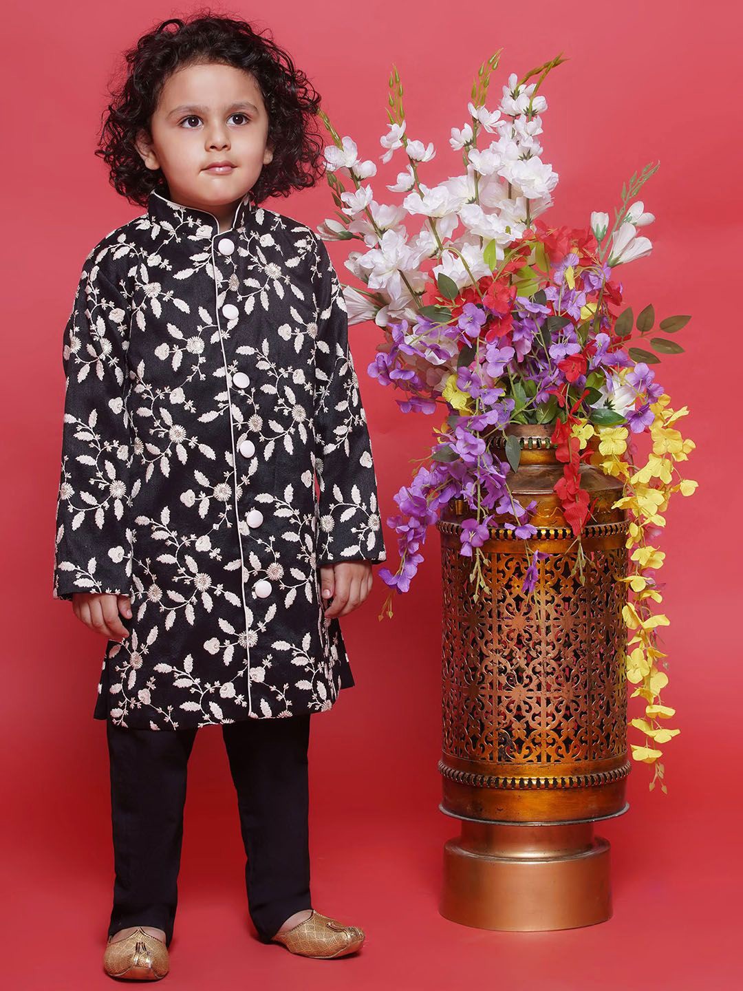 

Little Bansi Boys Embroidered Silk Sherwani Set, Black