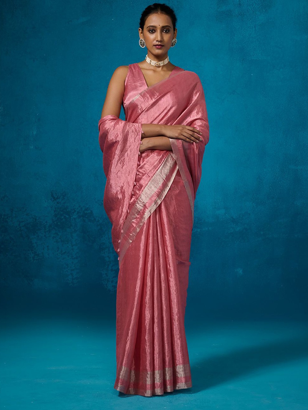 

Dressfolk Tissue Chanderi Saree with Blouse Piece, Pink