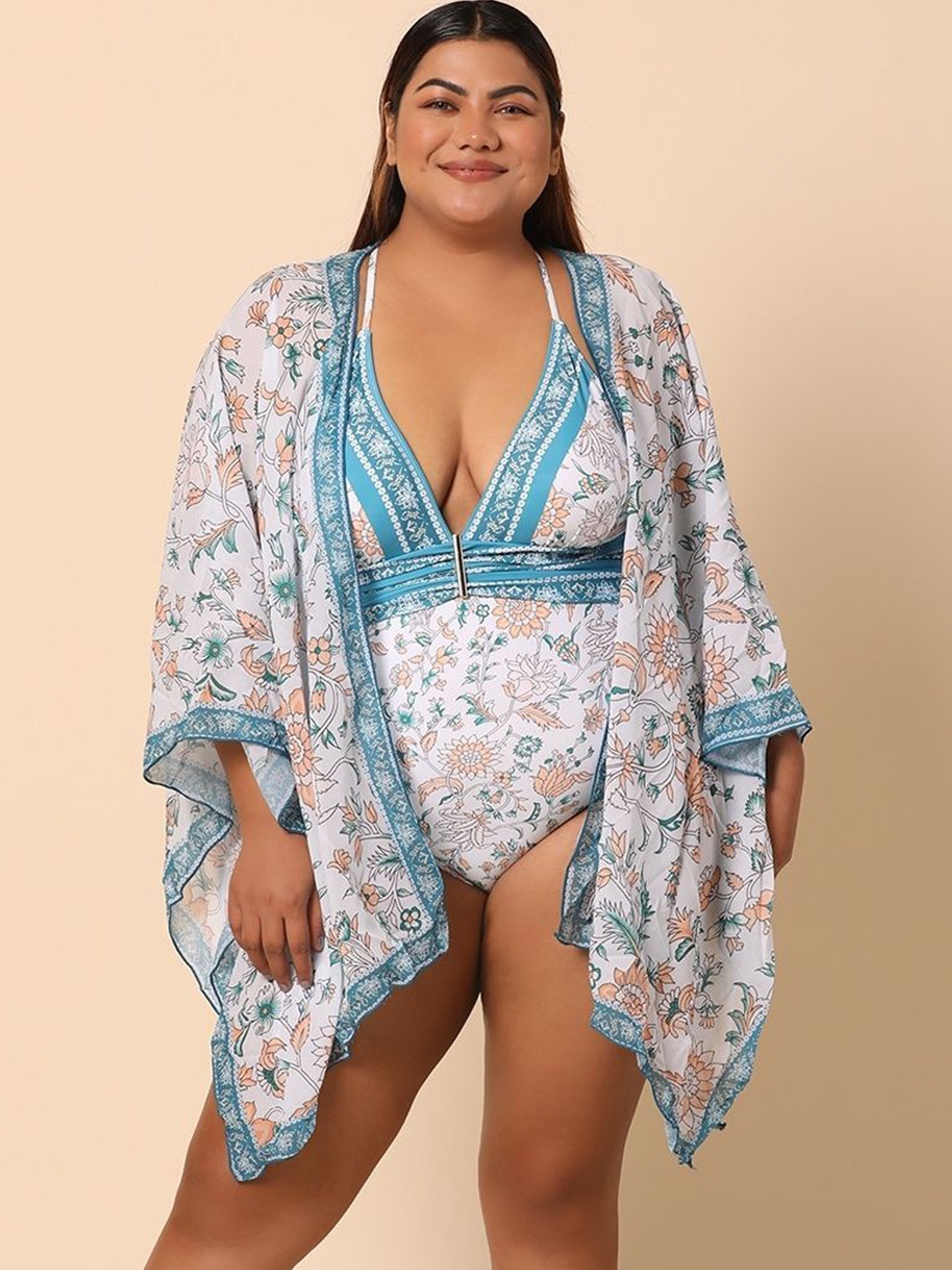 

WomanLikeU Floral Printed Monokini With Coverup, Blue