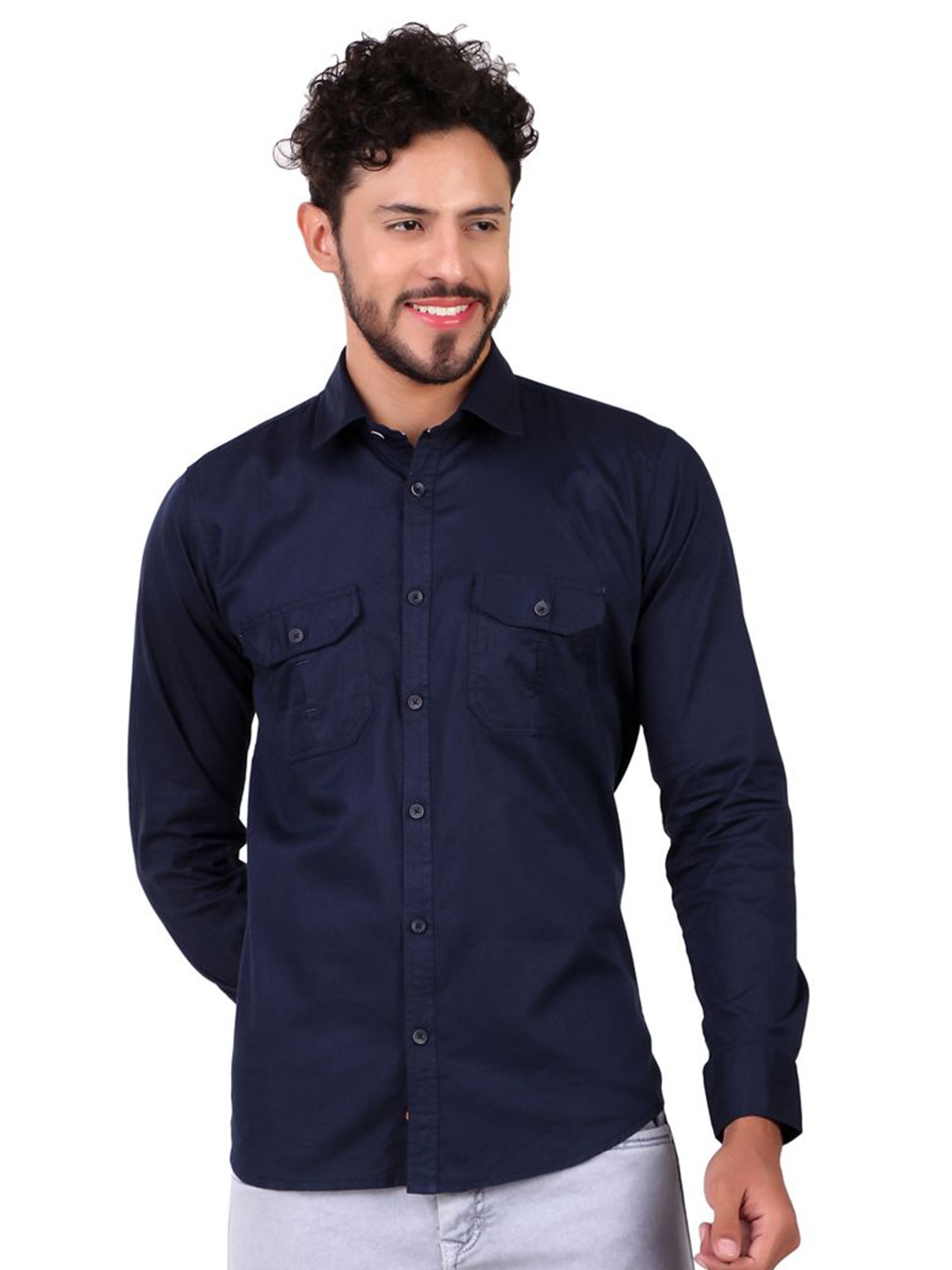 

DESIGN UP Men Classic Spread Collar Solid Cotton Slim Fit Casual Shirt, Blue