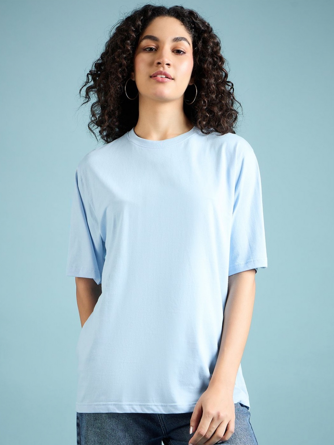 

DressBerry Women Solid Round Neck Cotton Oversized T-Shirt, Blue
