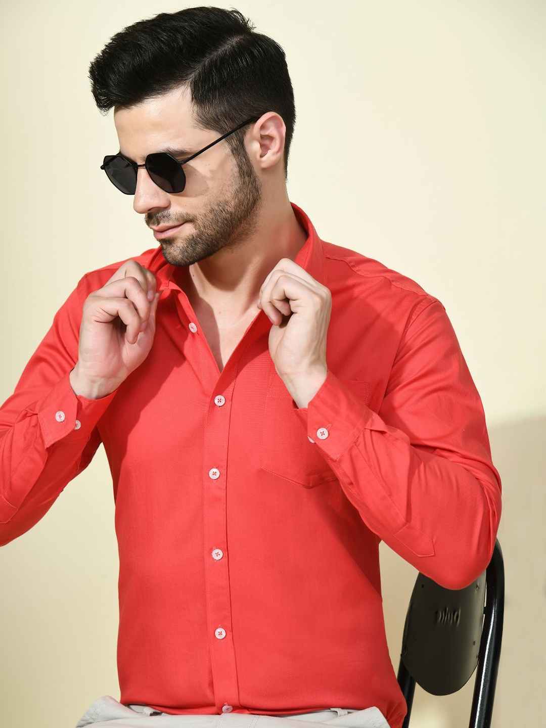 

PEBCO Men Classic Spread Collar Solid Cotton Slim Fit Casual Shirt, Red