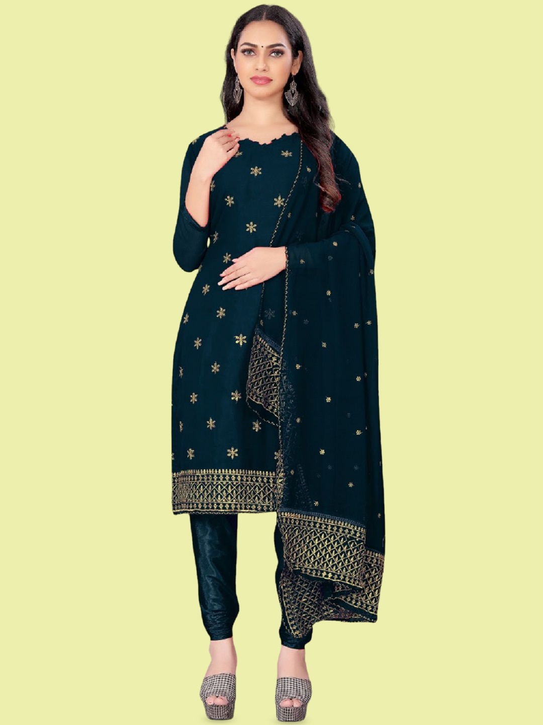 

APNISHA Floral Embroidered Zari Work Silk Georgette Unstitched Dress Material, Teal