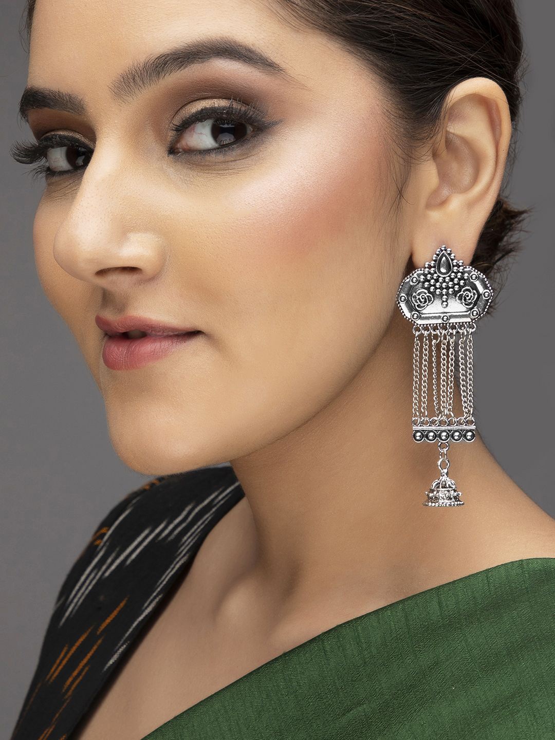 

Rubans Oxidized Silver-Plated Chain Tassel Earrings with Jhumka Drops