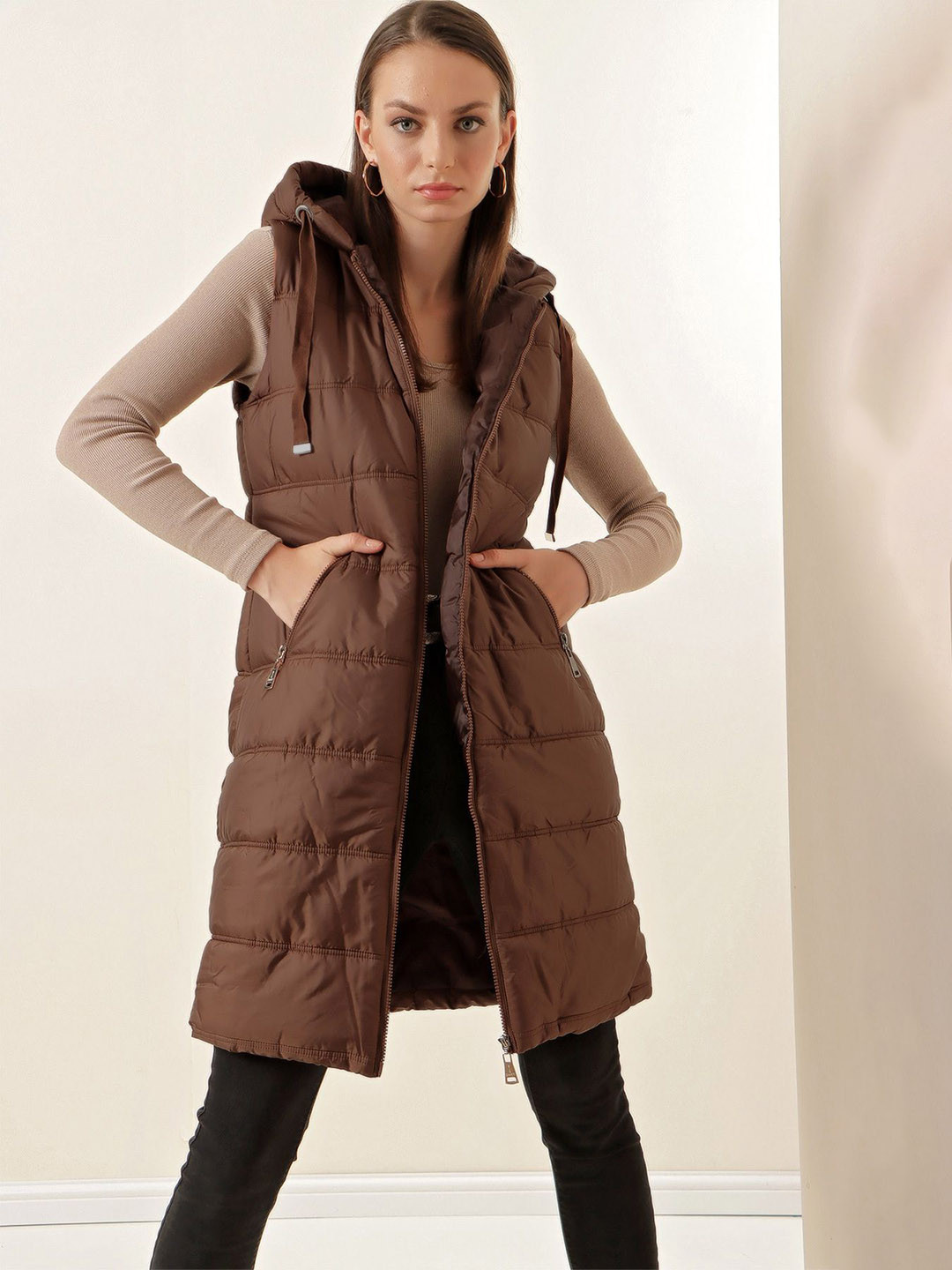 

BIGDART Hooded Sleeveless Longline Puffer Jacket, Brown